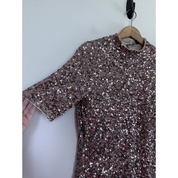 BOSTON PROPER rose gold embellished sequin mock neck holiday festive top blouse - Picture 7 of 11